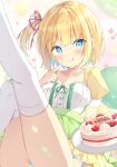  :q bangs blonde_hair blue_eyes blue_hair blush breasts cake center_frills closed_mouth commentary eyebrows_visible_through_hair feet_out_of_frame finger_to_mouth food frills green_skirt hair_between_eyes hand_up happy_birthday highres knee_up leg_up looking_at_viewer medium_breasts multicolored_hair one_side_up original panties pleated_skirt puffy_short_sleeves puffy_sleeves saeki_sora short_sleeves side-tie_panties skirt smile striped striped_panties suspender_skirt suspenders symbol-only_commentary thighhighs tongue tongue_out two-tone_hair underwear white_legwear 