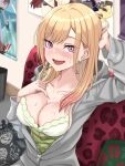  1girl animal_print arm_behind_head blonde_hair bra breasts cleavage couch ear_piercing earrings eyebrows_visible_through_hair floral_print jacket jewelry kitagawa_marin kouri_yuni large_breasts leopard_print open_mouth piercing pillow poster_(object) red_eyes room sitting smile sono_bisque_doll_wa_koi_wo_suru sweat trash_can underwear unzipped zipper 
