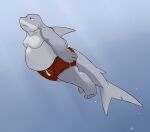  2012 anthro belly biped bulge clothing fatyogi fish grey_body humanoid_hands male marine moobs overweight overweight_male shark solo swimwear 