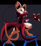  2022 absurd_res anthro arskatheman black_bars clothing female fur grey_background hi_res mammal mina_(mina_the_hollower) mina_the_hollower mouse murid murine ranged_weapon red_clothing rodent signature simple_background weapon white_body white_fur yacht_club_games 