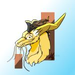  captain_hat clothing dragon feathers feral fur gold_(metal) gold_jewelry hat headgear headshot_portrait headwear jewelry male portrait shadeii simple_background smile solo vistario_(character) whiskers yellow_body yellow_eyes yellow_fur 