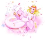  2022 absurd_res anthro big_tail blush breasts digital_media_(artwork) dragon elemental_creature female flora_fauna flower flower_(anatomy) flower_hair flower_petals hi_res kemono lilac_(pyritie) looking_at_viewer lying nipples non-mammal_breasts nude on_back paws petals pink_body pink_eyes plant plant_hair pseudo_hair reptile scalie simple_background smile solo thick_tail thick_thighs wide_hips yoo_oona yoona 