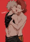  2boys ass_grab bakugou_katsuki blonde_hair boku_no_hero_academia clothes_lift french_kiss kirishima_eijirou kiss male_focus maneki-neko_(fujifuji) multiple_boys red_background red_eyes red_hair shirt_lift shorts simple_background spiked_hair tank_top tongue topless_male yaoi 