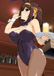  1girl alcohol animal_ears armpit_peek bangs bare_shoulders beer beer_mug black_bow black_bowtie black_leotard bottle bow bowtie breasts brown_eyes brown_hair brown_legwear cleavage collar collarbone covered_navel cowboy_shot cup detached_collar dutch_angle eyebrows_visible_through_hair fake_animal_ears fake_tail hair_between_eyes hair_bow hairband hand_up haruhisky highres holding holding_tray indoors large_breasts leotard licking licking_finger light light_blush long_hair looking_at_viewer mug open_mouth orange_bow orange_hairband pantyhose playboy_bunny profile rabbit_ears rabbit_tail sidelocks solo standing strapless strapless_leotard suzumiya_haruhi suzumiya_haruhi_no_yuuutsu tail tongue tongue_out tray white_collar wine_bottle wrist_cuffs 