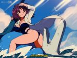  1girl ass bad_anatomy bare_legs bluethebone breasts brown_eyes cleavage closed_mouth day english_text feet_out_of_frame gyarados jewelry labcoat large_breasts looking_back one-piece_swimsuit outdoors pendant philena_ivy pokemon pokemon_(anime) purple_eyes purple_hair retro_artstyle shading_eyes short_hair smile solo subtitled sunlight surf_(pokemon) swimsuit water 