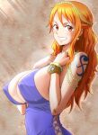  1girl bangs bare_shoulders beads blue_dress breast_squeeze breasts cleavage covered_navel covered_nipples cross-laced_dress dress from_side grin hands_up long_hair looking_at_viewer minpei_ichigo nami_(one_piece) one_piece orange_eyes orange_hair plunging_neckline sideboob sidelocks simple_background smile solo sunlight swept_bangs tattoo upper_body 