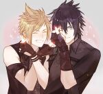  2boys armband black_gloves black_hair black_shirt blonde_hair blue_eyes blush bracelet closed_eyes cosplay eyebrows_visible_through_hair final_fantasy final_fantasy_xv finger_heart fingerless_gloves freckles ginmu gloves grey_background hair_between_eyes heart jacket jewelry looking_at_viewer male_focus multiple_boys noctis_lucis_caelum prompto_argentum shirt short_hair short_sleeves simple_background sleeveless smile sparkle spiked_hair upper_body x_arms 