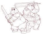  2012 anthro armor biped clothed clothing duo fatyogi hi_res humanoid_hands male mammal melee_weapon overweight overweight_male simple_background suid suina sus_(pig) sword weapon white_background wild_boar 