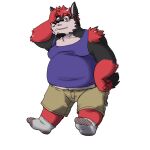  2013 anthro black_body black_nose bottomwear canid canine canis clothing fatyogi humanoid_hands male mammal overweight overweight_male red_body shirt shorts simple_background solo topwear wolf 
