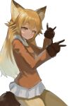  1girl animal_ear_fluff animal_ears bangs blush brown_eyes brown_gloves brown_hair brown_jacket brown_legwear closed_mouth collared_shirt dokomon ezo_red_fox_(kemono_friends) fox_ears fox_girl fox_shadow_puppet fox_tail fur-trimmed_sleeves fur_trim gloves hair_between_eyes hands_up highres jacket kemono_friends long_hair long_sleeves looking_at_viewer pantyhose pleated_skirt shirt simple_background skirt solo tail very_long_hair w white_background white_shirt white_skirt 