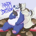  2012 anthro black_body blue_body blue_nose blush cake canid canine canis dessert duo embrace fatyogi food giant_panda hug hugging_from_behind humanoid_hands male mammal overweight overweight_male ursid white_body wolf 