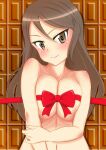  0:00 1girl bangs blush breasts brown_eyes brown_hair cleavage closed_mouth commentary girls_und_panzer hand_on_own_arm head_tilt highres large_breasts long_hair looking_at_viewer mika_(girls_und_panzer) naked_ribbon navel no_hat no_headwear nude red_ribbon ribbon smile solo valentine 