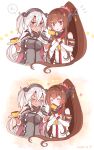  2girls brown_hair buttons cake cape cherry_blossoms closed_eyes dark-skinned_female dark_skin detached_sleeves double-breasted eating flower food glasses hair_between_eyes hair_flower hair_ornament headgear highres kantai_collection long_hair multiple_girls multiple_views musashi_(kancolle) musashi_kai_ni_(kancolle) ponytail red_eyes sakuramon silver_hair translated twintails two_side_up upper_body very_long_hair yamato_(kancolle) yunamaro z_flag 