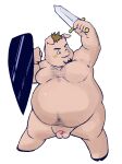  2012 anthro balls belly domestic_pig fatyogi genitals humanoid_hands male mammal melee_weapon micropenis navel overweight overweight_male penis shield simple_background small_penis solo suid suina sus_(pig) sword weapon white_background 