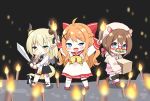  3girls :d ahoge aitti_(vtuber) bangs bare_shoulders black_legwear black_skirt blonde_hair blue_eyes blurry blurry_foreground blush boots bow braid brown_footwear brown_hair character_request co-ong_(vtuber) commentary_request depth_of_field dragon_girl dragon_horns dragon_tail dress eyebrows_visible_through_hair fake_facial_hair fake_mustache frilled_dress frills fur-trimmed_boots fur_trim glasses green_eyes hair_between_eyes hair_bow hair_ornament holding holding_sword holding_torch holding_weapon horns indie_virtual_youtuber jacket long_sleeves mauve minecraft multiple_girls neckerchief open_clothes open_jacket orange_hair pink_sweater pointy_ears puffy_long_sleeves puffy_sleeves rainbow_gradient red-framed_eyewear red_bow red_footwear red_sailor_collar ribbed_sweater sailor_collar sailor_dress semi-rimless_eyewear shoes sidelocks skirt smile sweater sweater_dress sword tail thighhighs thighhighs_under_boots torch under-rim_eyewear uneven_eyes weapon white_dress white_jacket white_legwear x_hair_ornament yellow_neckerchief 