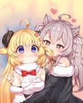 2girls :3 absurdres ahoge animal_ears bangs bare_shoulders biting black_jacket blonde_hair blush breast_press breasts chibi choker cleavage detached_sleeves drooling earrings eating_hair fang fingernails fur-trimmed_jacket fur_trim green_eyes grey_hair hair_between_eyes hair_ornament hairclip half-closed_eyes hand_on_another&#039;s_shoulder heart heart-shaped_pupils highres hololive horns hug hungry jacket jewelry lion_ears long_hair looking_at_viewer miko_no_kamiko multiple_earrings multiple_girls necklace purple_eyes scared sheep_ears sheep_girl sheep_horns shishiro_botan single_earring smile sparkle sweat sweating_profusely symbol-shaped_pupils tsunomaki_watame two_side_up upper_body virtual_youtuber 