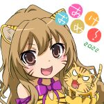  1girl 2022 aisaka_taiga animal_ears animal_hands animal_print bangs brown_eyes brown_hair chinese_zodiac commentary_request eyebrows_visible_through_hair highres light_blush long_hair neck_ribbon open_mouth palmtop_tiger purple_ribbon ribbon simple_background smile suzuna22 tiger_ears tiger_paws tiger_print toradora! translation_request upper_body white_background year_of_the_tiger 
