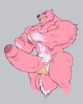 anthro booster_(jingle_all_the_way) clothing dirtyyeen felid hi_res humanoid hyper jingle_all_the_way machairodontine male mammal mezcal muscular pink_body pubes shoegaze. solo thong underwear 