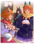  3girls animal_ears bangs blouse blue_coat blunt_bangs blurry blurry_background bow box brown_hair buttons classroom coat commentary_request crystal_ball double-breasted ear_covers ear_ribbon fringe_trim gift gift_box green_eyes green_scarf hair_ornament hairband hairclip highres holding holding_gift horse_ears horse_girl indoors kodai2015 long_hair long_sleeves looking_at_another looking_back matikanefukukitaru_(umamusume) mejiro_dober_(umamusume) miniskirt multiple_girls open_mouth pleated_skirt purple_blouse purple_legwear purple_skirt scarf school_uniform serafuku short_hair silence_suzuka_(umamusume) single_ear_cover sitting skirt smile standing thighhighs tracen_school_uniform umamusume valentine white_bow white_hairband winter_clothes winter_uniform yellow_scarf 
