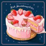  blue_background cake cake_slice commentary_request dessert food food_focus fork fruit holding holding_fork icing may_illust5 no_humans original pastry simple_background still_life strawberry strawberry_shortcake sweets 