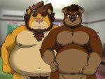  2013 anthro belly brown_body canid canine canis cute_fangs domestic_dog duo fatyogi felid humanoid_hands inside lion male mammal moobs nipples obese obese_male overweight overweight_male pantherine pink_nose pubes 
