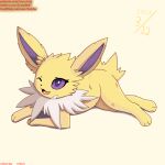  2022 3_toes 4:3 ambiguous_gender black_nose canid canine digital_media_(artwork) eeveelution english_text feet feral hi_res jolteon lying mammal nintendo on_front paws pok&eacute;mon pok&eacute;mon_(species) simple_background smile solo soruchee text toes url video_games yellow_body 