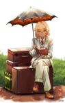  blonde_hair blue_eyes book briefcase brown_footwear business_suit coat formal highres holding holding_book hololive hololive_english jl_tan loafers looking_at_viewer luggage red_tie shoes sitting suit umbrella virtual_youtuber watson_amelia white_coat white_suit 