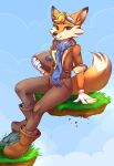  2019 absurd_res anthro blue_clothing book boots bottomwear canid canine clothing eyewear female footwear fox fur gloves goggles handwear hi_res lambibelle looking_at_viewer lyra_swiftail mammal pants plantigrade scarf sitting smile solo super_lucky&#039;s_tale 