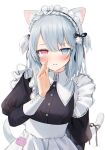  1girl animal_ear_fluff animal_ears arm_at_side bangs black_ribbon blue_eyes breasts cat_ears cat_girl cat_tail clenched_teeth collared_dress confession copyright_request dress frills gotou_(nekocat) grey_hair hair_ribbon hand_up heterochromia highres jitome juliet_sleeves long_hair long_sleeves looking_at_viewer maid maid_headdress octopus_hair_ornament parted_lips puffy_sleeves red_eyes ribbon simple_background solo sweat tail tail_ornament tail_ribbon teeth two_side_up whispering white_background 