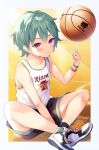  1boy ball bare_arms basketball basketball_jersey basketball_uniform commentary_request green_hair highres holding holding_ball looking_at_viewer male_focus orb original playing_sports purple_eyes shoes short_hair shorts simple_background smirk sneakers solo sportswear symbol-only_commentary tougetsu_hajime 