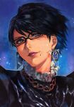  1girl bangs bayonetta bayonetta_(series) bayonetta_2 black_hair blue_eyes breasts earrings glasses hungry_clicker jewelry large_breasts looking_at_viewer mole mole_under_mouth short_hair smile solo 