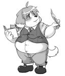  2011 anthro belly biped blush book bottomwear canid canine canis clothing domestic_dog fatyogi humanoid_hands male mammal overweight overweight_male pants simple_background solo 