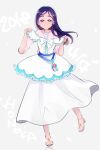  1girl 2018 blue_eyes blue_hair commentary_request cure_white dress eyelashes futari_wa_precure hair_ornament hairclip happy highres holding holding_clothes holding_dress inaba_yuzuha long_hair looking_at_viewer precure simple_background sketch smile solo white_dress yukishiro_honoka 