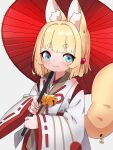 1girl absurdres animal_ear_fluff animal_ears bangs bell blonde_hair blue_eyes blush closed_mouth commentary_request eyebrows_visible_through_hair fox_ears fox_girl fox_tail grey_background highres holding holding_umbrella japanese_clothes jingle_bell kimono kuro_kosyou long_sleeves looking_at_viewer oil-paper_umbrella original red_umbrella ribbon-trimmed_sleeves ribbon_trim short_eyebrows simple_background sleeves_past_wrists smile solo tail thick_eyebrows umbrella white_kimono wide_sleeves 