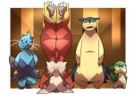  2022 ambiguous_gender blaziken butt dewott hi_res looking_at_viewer narrowed_eyes nintendo pok&eacute;mon pok&eacute;mon_(species) pose potoobrigham snivy typhlosion upside_down video_games 