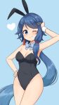  1girl ;) absurdres animal_ears arm_up bare_shoulders black_leotard blue_background blue_bow blue_bowtie blue_eyes blue_hair bow bowtie braid breasts commentary cowboy_shot detached_collar earrings hair_ornament hairclip heart highres jewelry leotard long_hair looking_at_viewer low_twintails medium_breasts one_eye_closed playboy_bunny project_gen2 rabbit_ears shiraha_maru side_braid simple_background single_sidelock smile solo tassel tassel_earrings tsubasa_aiba twintails very_long_hair virtual_youtuber wrist_cuffs 