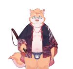  2022 anthro asian_clothing biped blue_clothing blue_fundoshi blue_underwear canid canine clothing east_asian_clothing eyewear fundoshi glasses hi_res humanoid_hands japanese_clothing kemono male mammal simple_background slightly_chubby solo underwear weapon yimingsama young 