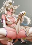 1girl animal_ear_fluff animal_ears arm_at_side ass bare_shoulders blue_hair blush breasts brown_hair cleavage clothes_lift detached_collar elbow_gloves eyebrows_visible_through_hair facial_mark fang floating_hair forehead_mark fur_collar gloves grey_hair hand_up high_ponytail highres indian_wolf_(kemono_friends) kemono_friends large_breasts leaning_back lifted_by_self long_hair looking_at_viewer midriff morimasakazu multicolored_hair navel no_panties open_mouth partially_visible_vulva reward_available sarong sarong_lift seductive_smile shiny shiny_skin shoes smile solo spread_legs squatting stomach strap_gap sweat tail tan teasing thighhighs thighs very_long_hair wolf_ears wolf_girl wolf_tail yellow_eyes 