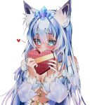  1girl animal_ears bangs bare_shoulders blue_dress blue_eyes blue_hair blush box breasts detached_sleeves dress embarrassed fox gold_trim hair_ornament hairclip heart heart-shaped_box highres icelyn_winter indie_virtual_youtuber long_hair moonchii small_breasts snowflakes solo valentine 