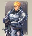  arm_armor armor bara belt blonde_hair chest_plate gauntlets gloves knight leg_armor loincloth looking_at_viewer male_focus manly mature_male muscular muscular_male nikism original pectorals scar scar_on_face shoulder_armor smile solo sword thick_arms thick_eyebrows thick_thighs thighs tight weapon yellow_eyes 