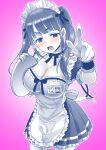 1girl absurdres apron blush breasts cleavage commentary_request dress embarrassed eyelashes genderswap genderswap_(mtf) hair_ornament hair_ribbon highres kaneko_naoya large_breasts maid maid_apron maid_headdress original pink_background ribbon solo standing tray wrist_cuffs 