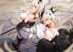  2girls bare_shoulders blonde_hair breasts cleavage detached_sleeves gauntlets horns large_breasts looking_at_viewer multiple_girls open_mouth original polearm short_sleeves spear thigh_strap thighhighs weapon xiujia_yihuizi yellow_eyes 