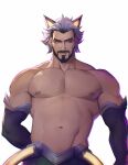  animal_ears bara bare_pectorals beard biceps black_hair broad_shoulders cat_ears chest_hair ear_piercing earrings elbow_gloves facial_hair gloves hairy highres jewelry league_of_legends looking_to_the_side male_focus manly mature_male muscular navel navel_hair nipples pectoral_cleavage pectorals piercing plump seupil_hyugo_(spirohugo) smile solo sylas_(league_of_legends) thick_arms white_hair yellow_eyes 