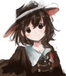  1girl bangs black_eyes black_neckwear bow brown_hair hat hat_bow ribbon short_hair simple_background smile touhou usami_renko uwazumi white_background 