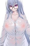 1girl asamura_hiori breasts button_gap cleavage covered_nipples glasses highres huge_breasts long_hair looking_at_viewer nipples original purple_eyes see-through shirt silver_hair solo taut_clothes taut_shirt tight tight_shirt upper_body wet wet_clothes wet_hair wet_shirt white_shirt 