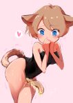  1girl absurdres animal_ears artist_name bangs bare_shoulders between_legs black_leotard blue_eyes blush breasts brown_hair cat_ears cat_girl cat_tail commentary_request covering_mouth cowboy_shot ears_down eyebrows_visible_through_hair hands_up have_to_pee heart heart-shaped_pupils highres leotard looking_down medium_breasts migou original own_hands_together pee peeing peeing_self pink_background shiny shiny_hair shiny_skin short_hair sidelocks signature simple_background solo speech_bubble spoken_heart standing strapless strapless_leotard symbol-shaped_pupils tail tail_between_legs trembling wide-eyed 