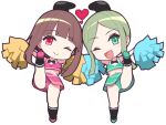  2girls amisu black_headwear black_legwear brown_hair cheering cheerleader closed_mouth eyebrows_visible_through_hair full_body green_eyes green_hair hat heart holding holding_pom_poms kneehighs multiple_girls navel nishida_satono one_eye_closed open_mouth pink_eyes pom_pom_(cheerleading) short_hair_with_long_locks simple_background smile teireida_mai touhou white_background 