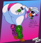  animatronic anthro avian beak bent_over big_butt bird blue_eyes bracelet breasts butt chicken clothing english_text exclamation_point female five_nights_at_freddy&#039;s five_nights_at_freddy&#039;s:_security_breach galliform gallus_(genus) glamrock_chica_(fnaf) half-closed_eyes hand_on_butt hi_res huge_butt jewelry kingfurryjion leg_warmers legwear leotard machine narrowed_eyes non-mammal_breasts open_mouth phasianid presenting presenting_hindquarters robot scottgames solo text video_games white_body 