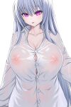  1girl asamura_hiori breasts button_gap cleavage covered_nipples highres huge_breasts long_hair looking_at_viewer nipples original purple_eyes see-through shirt silver_hair solo taut_clothes taut_shirt tight tight_shirt upper_body wet wet_clothes wet_hair wet_shirt white_shirt 