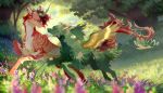  2022 akitamonster brown_body brown_fur day detailed_background digital_media_(artwork) dragon duo feral forest fur furred_dragon grass green_body green_fur hooves hybrid outside plant tree 